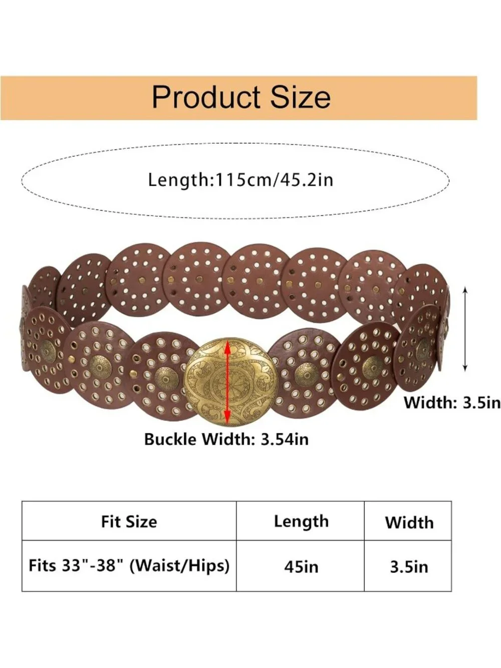 Women Brown & Gold Wide Western Disc Belt Cowgirl Boho-Concho Leather Belt